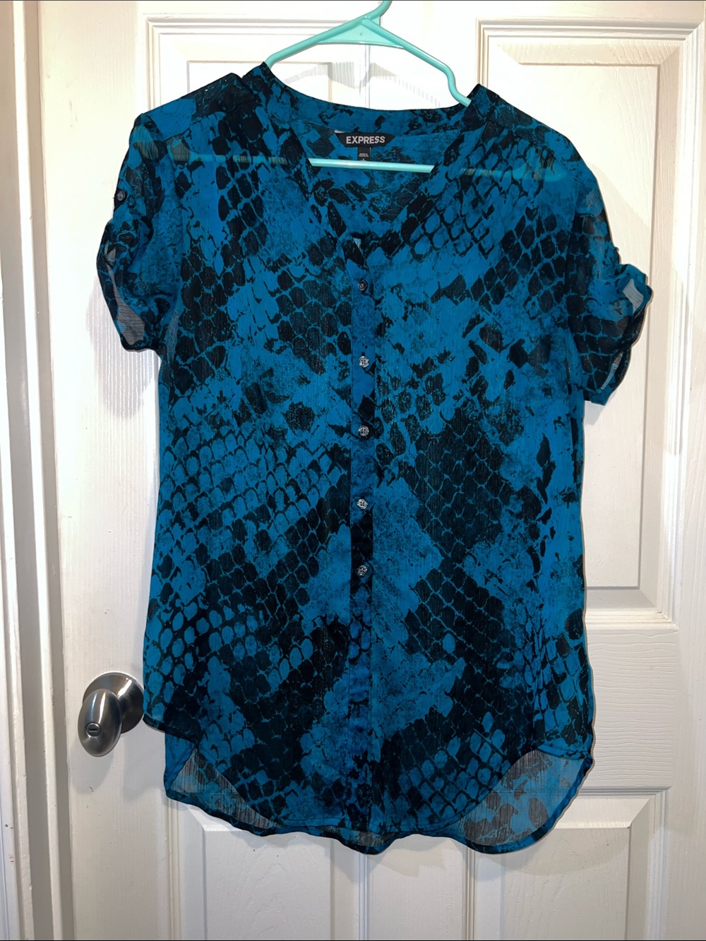 Express Teal and Black Snake-Print Button Front Blouse
